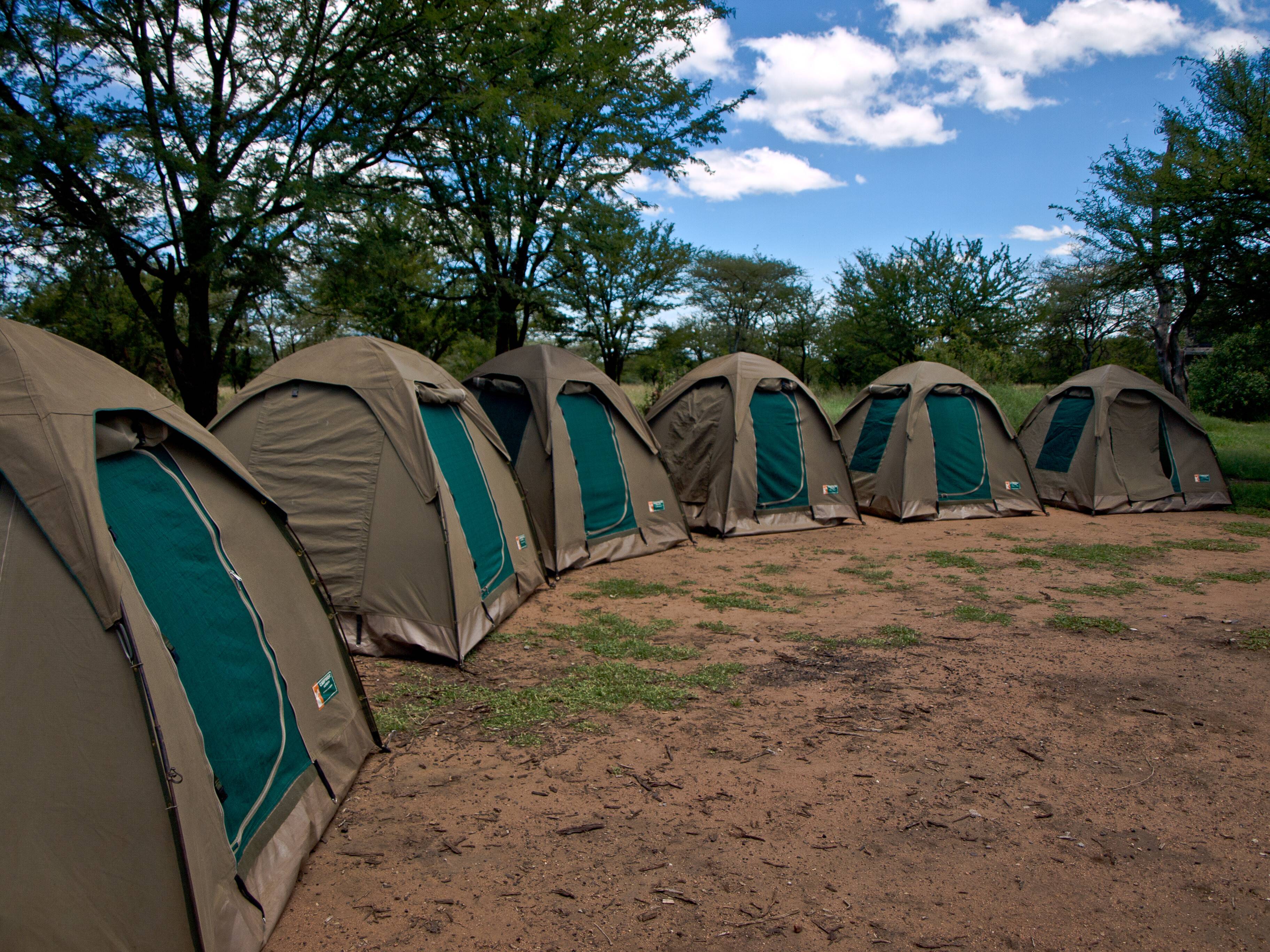 Safari tents pitched at a campsite in Serengeti National Park, Tanzania